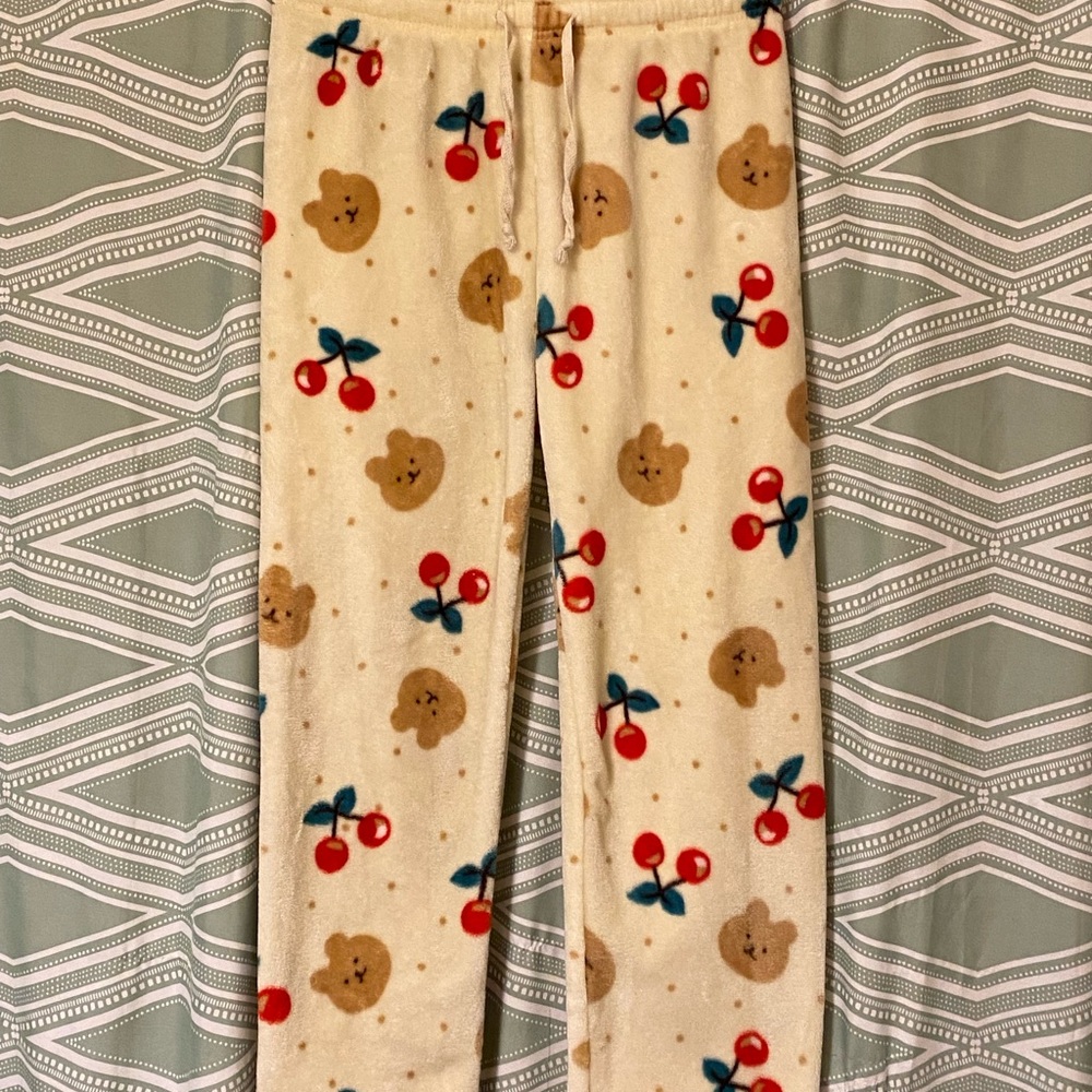 Women’s Cream Pajama Pants with Bear and Cherry Print